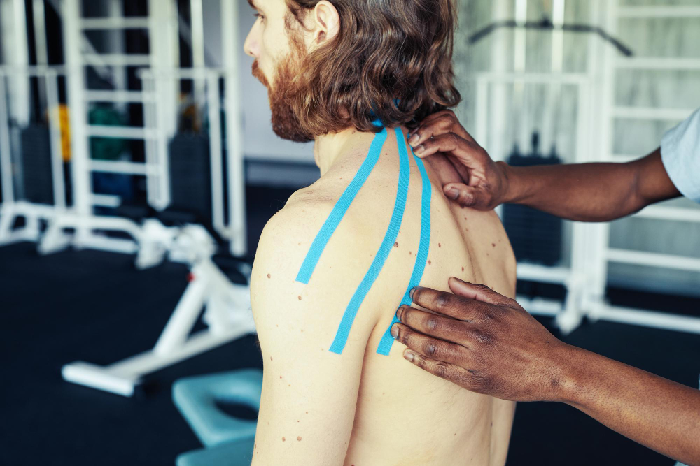 Thérapeute apposant un taping neuro-proprioceptif sur l'épaule de son client