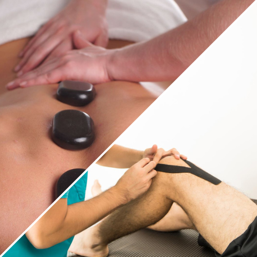 Montage photo séparé en deux, d'un côté un dos avec des pierres à massage et de l'autre un thérapeute qui appose du taping sur un genou